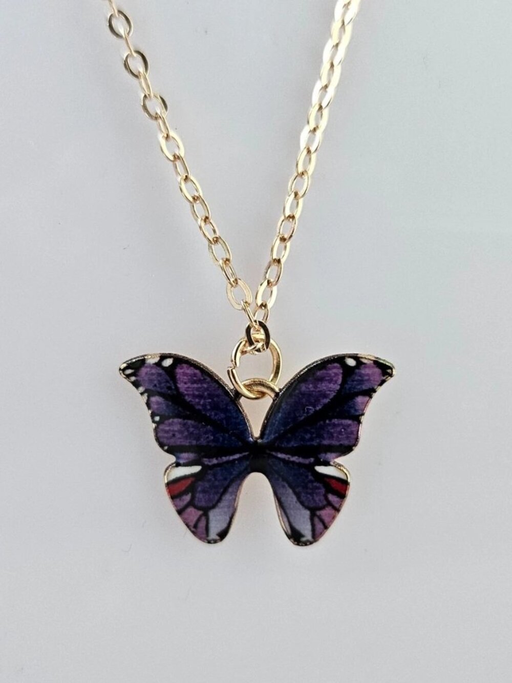 Purple Butterfly Pendant Necklace Fashion Jewelry Gold Tone Chain Necklace - Picture 9 of 11